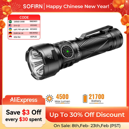 SOFIRN SR15 Rechargeable Flashlight 4500lm Super Bright Long Beam Distance EDC Torch for Camping Fishing