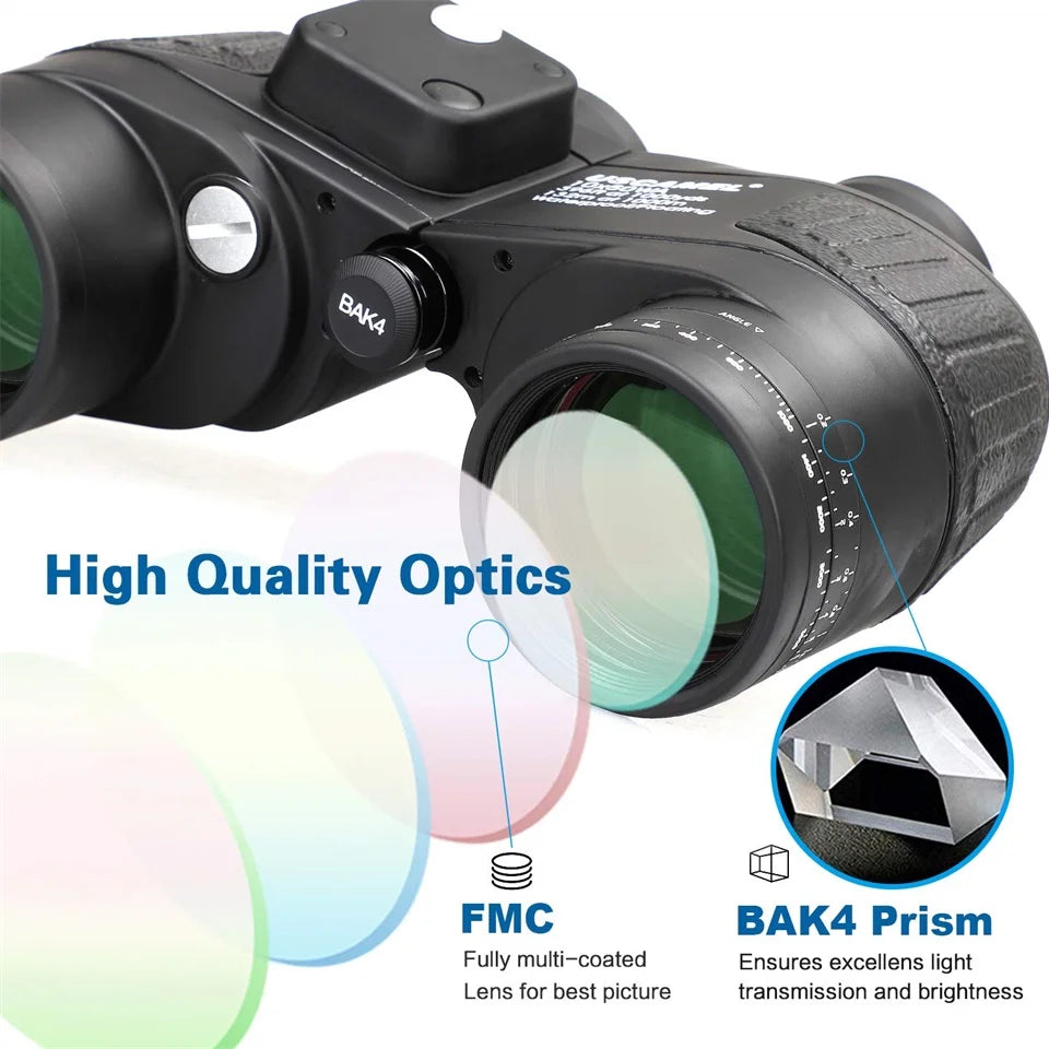 10x50 Binoculars with Rangefinder Compass BAK4 Prism FMC Lens eFogproof Waterproof Long Range