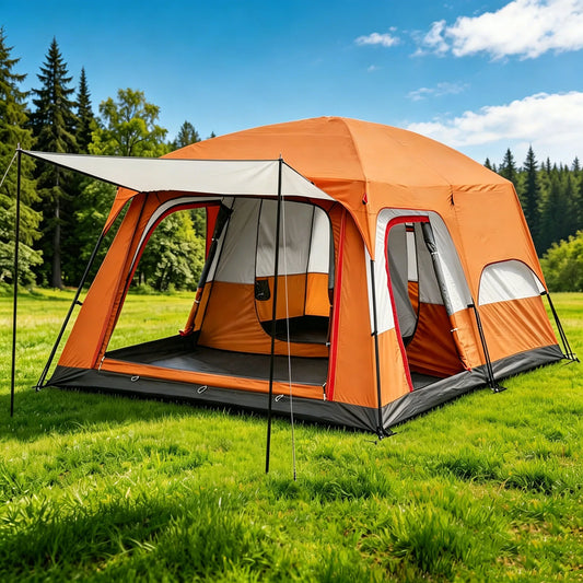 4/8/12-person outdoor family camping tent with a removable awning;  multiple mesh windows provide ventilation ; windproof, waterproof, and UV-resistant; suitable for all seasons