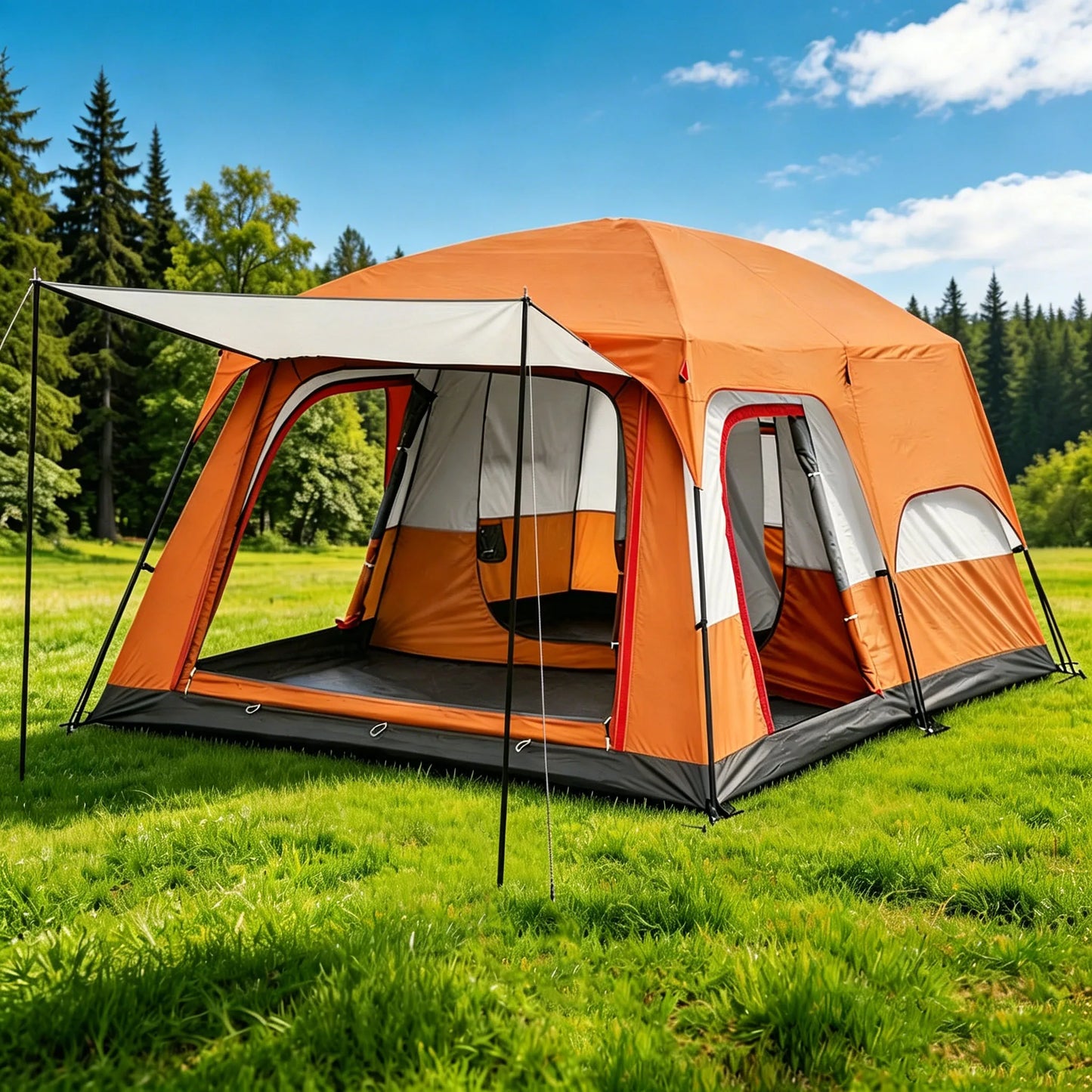 4/8/12-person outdoor family camping tent with a removable awning;  multiple mesh windows provide ventilation ; windproof, waterproof, and UV-resistant; suitable for all seasons