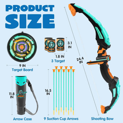 Kids Bow and Arrow Set LED Light Up Archery Toy With 9 Suction Cup Arrows Target for Kid Ages 6-12