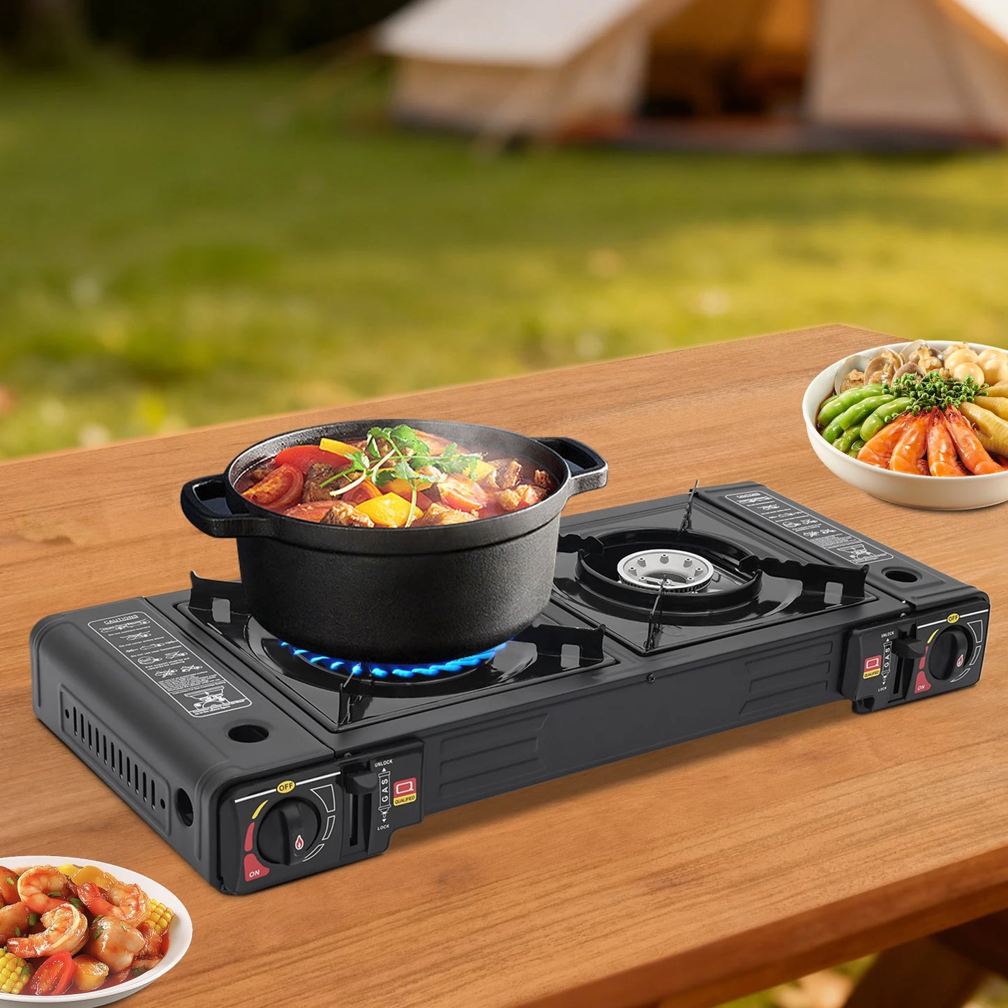 Portable Camping Stove with Storage Case, 2 Burner Outdoor Cooking System