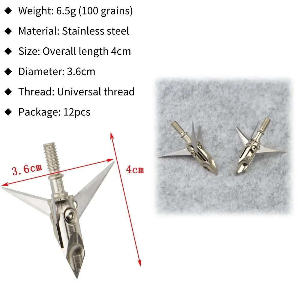 Stainless Steel Broadheads 12pcs 3 Blades 100 Grain Screw-in Arrow Tips