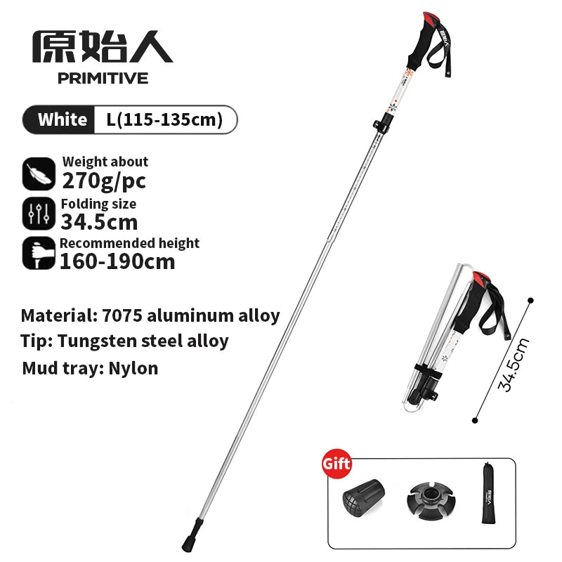 PRIMITIVE Walking Stick 3 Sections Foldable Ultralight Aluminum Alloy Hiking Pole Quick Open Outdoor Travel Hiking Trekking Pole