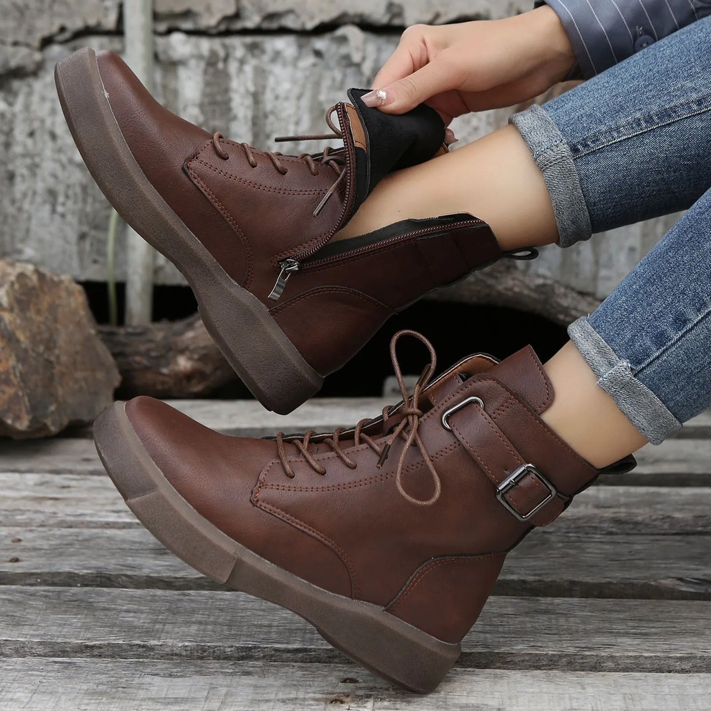 Women's Fashionable Versatile Ankle Boots British Retro Belt Plus Velvet Short Sued  Lace Up Flat Shoes