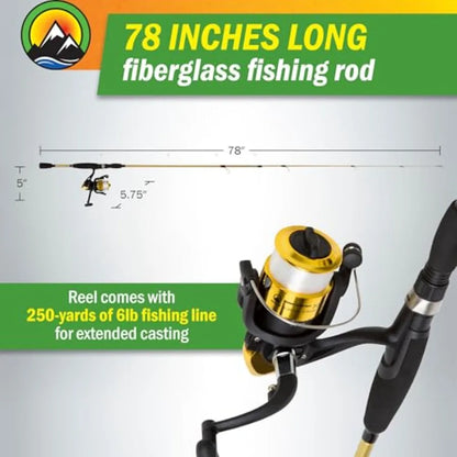 Fiberglass Fishing Pole - Strike Series 78-Inch Collapsible Rod and Spinning Reel Combo, EVA Handle, Pre-Spooled Reel, Fishing