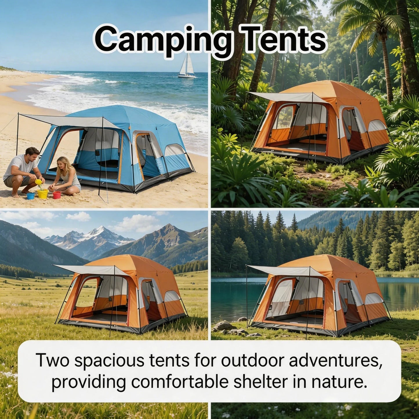 4/8/12-person outdoor family camping tent with a removable awning;  multiple mesh windows provide ventilation ; windproof, waterproof, and UV-resistant; suitable for all seasons