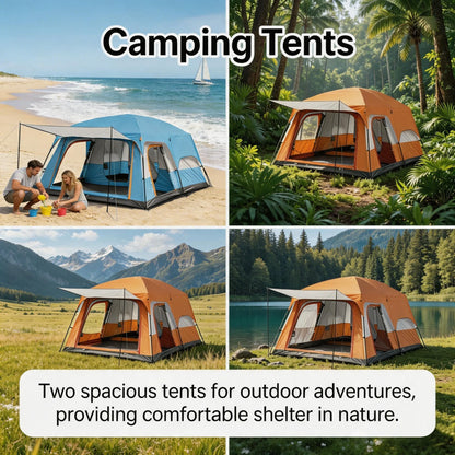 4/8/12-person outdoor family camping tent with a removable awning;  multiple mesh windows provide ventilation ; windproof, waterproof, and UV-resistant; suitable for all seasons