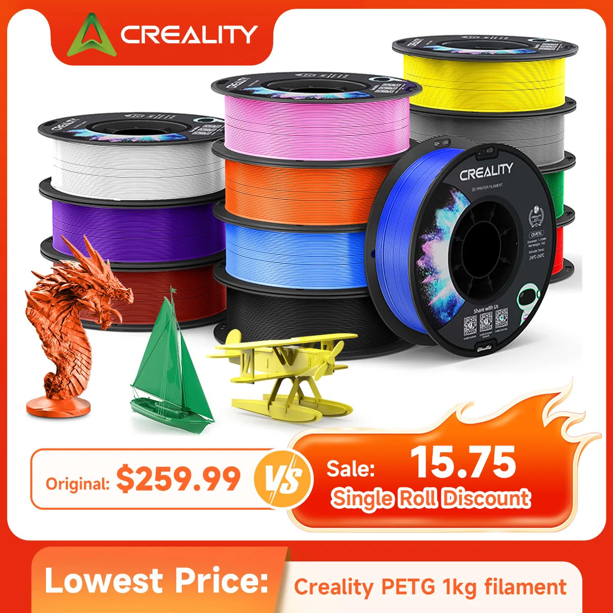 CREALITY PETG Filament 1.75mm 3D Printer Filament 1kg  Neatly Wound Spool