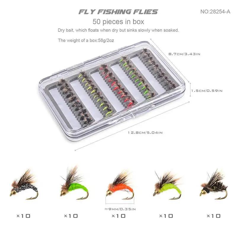 Fly Fishing Lure Kit 50X Artificial Fishing Baits With Storage Box Portable Fly Hook For Bass Trout Walleye Casual Activity Gear