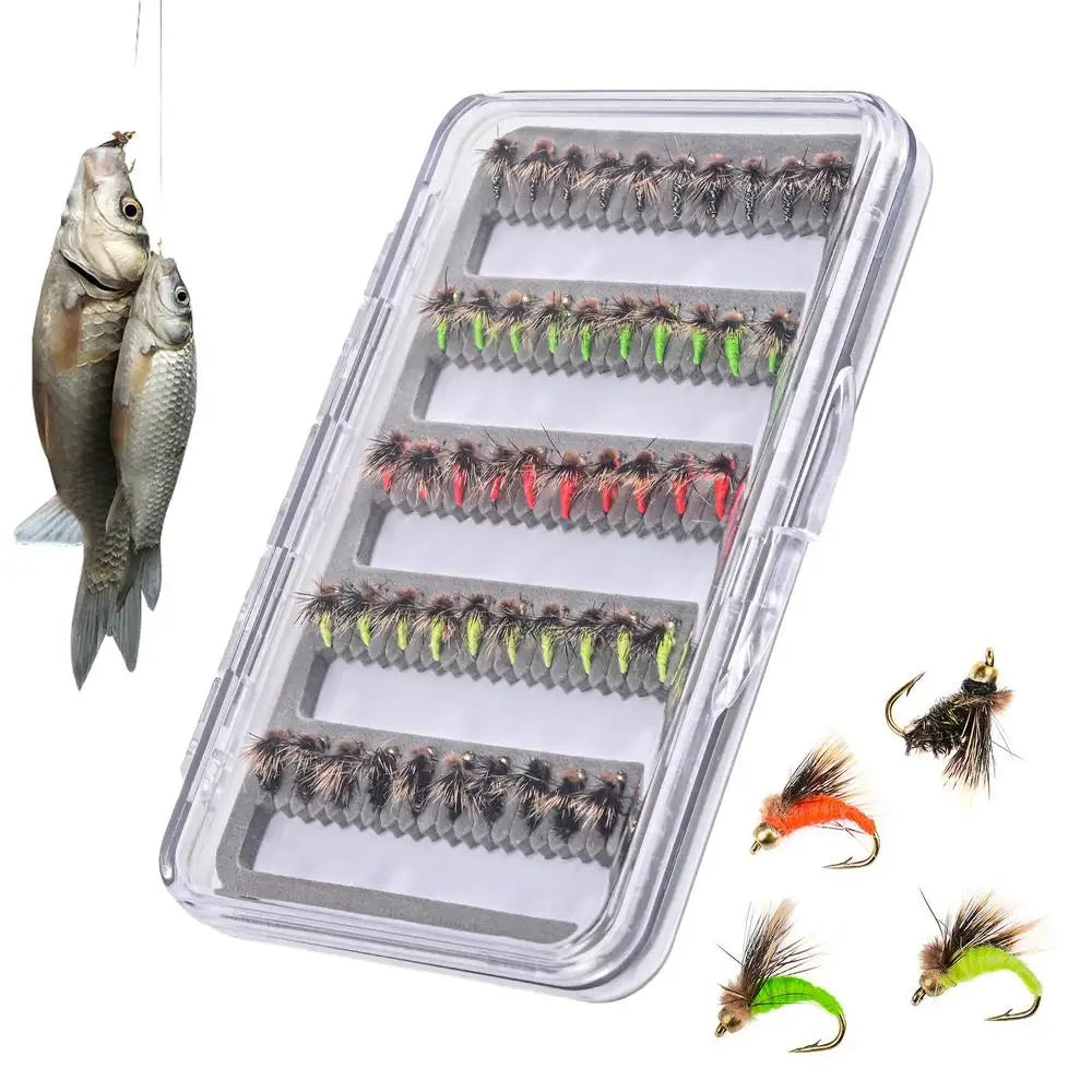 Fly Fishing Lure Kit 50X Artificial Fishing Baits With Storage Box Portable Fly Hook For Bass Trout Walleye Casual Activity Gear