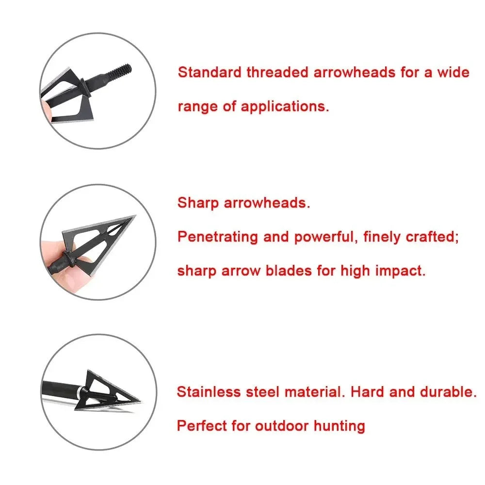 Archery Broadheads 12pcs 100 Grain 3 Fixed Blades Stainless Steel Screw-in