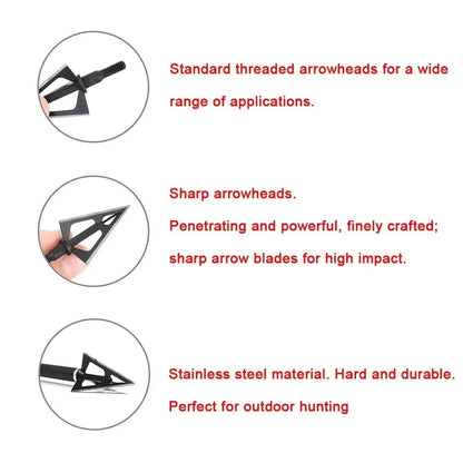 Archery Broadheads 12pcs 100 Grain 3 Fixed Blades Stainless Steel Screw-in