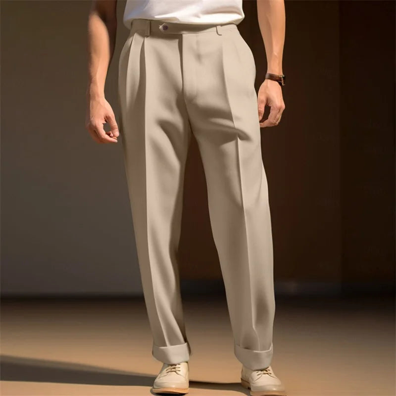 Men s Pants Solid Color Flat Front Trousers Casual
