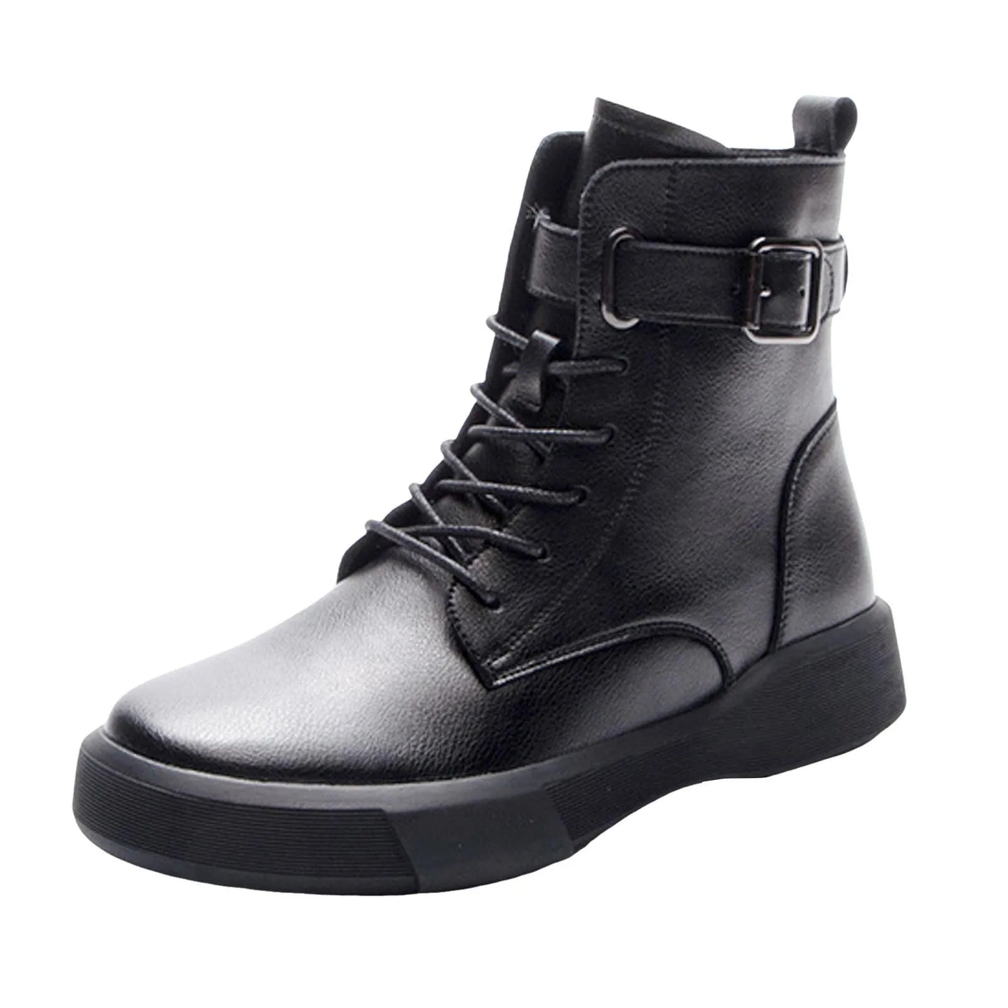 Women's Fashionable Versatile Ankle Boots British Retro Belt Plus Velvet Short Sued  Lace Up Flat Shoes