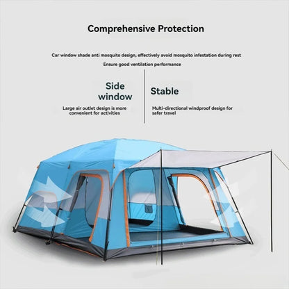 4/8/12-person outdoor family camping tent with a removable awning;  multiple mesh windows provide ventilation ; windproof, waterproof, and UV-resistant; suitable for all seasons