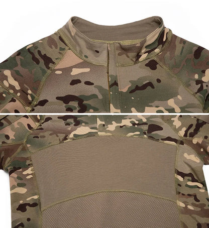 Men's Camouflage Hunting Combat T Shirt Stretch Cotton 1/4 Zipper Uniform Shirts Long Sleeve Camo Shirt
