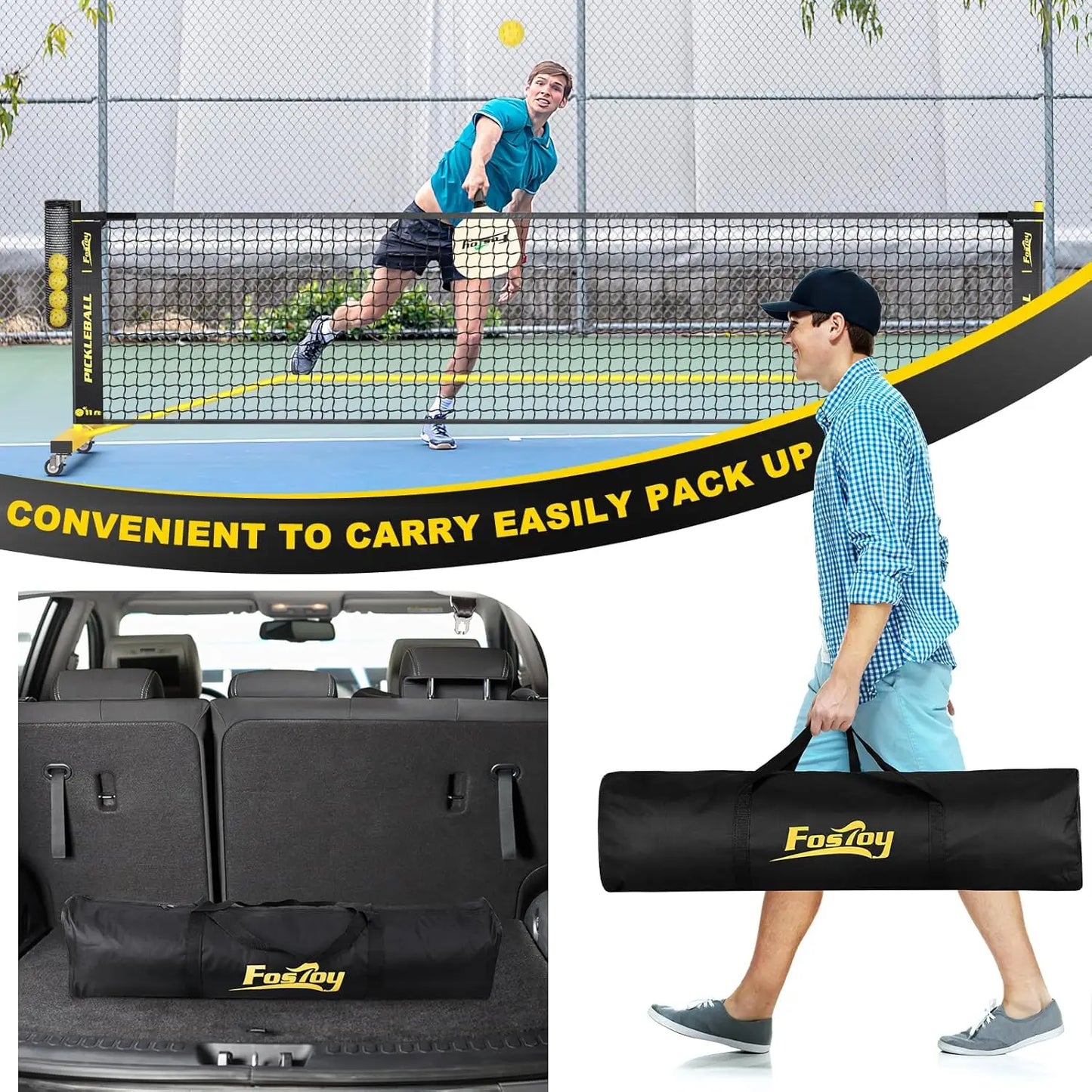 Portable Pickleball Net with Wheels, Ball Collector, 22FT & 11FT Sizes, Carry Bag for Indoor Outdoor Use