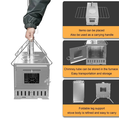 Hot Tent Stove, Wood Burning Stove, Portable Wood Stove with 6 Stainless Chimney Pipes for Outdoor Heating & Cooking