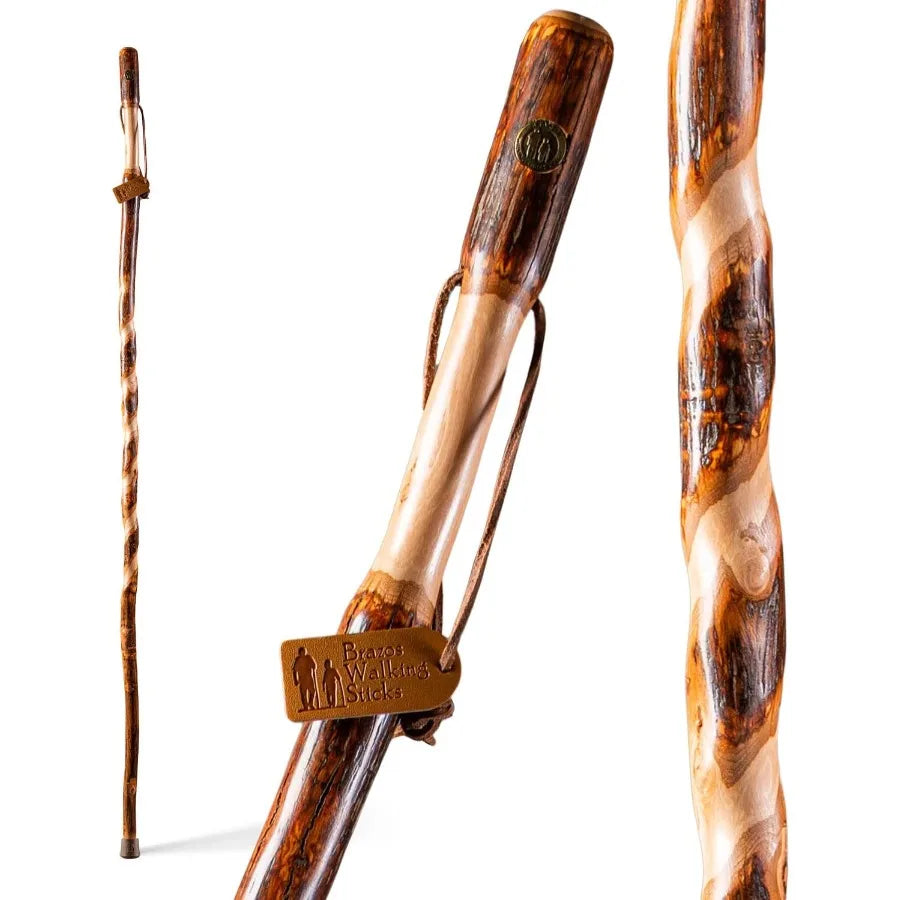 Rustic Wood Walking Stick with Twisted Hickory Design and Traditional Style Handle