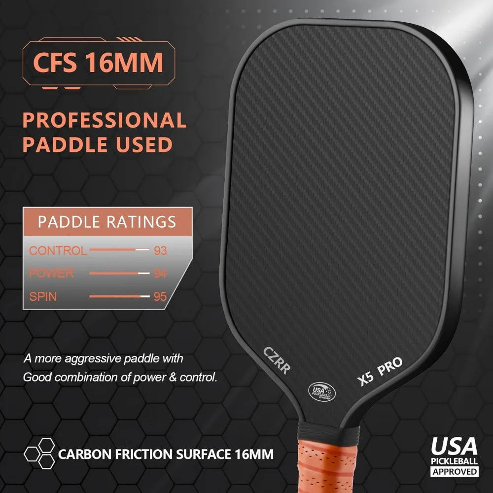 Pickleball Paddle, USA Pickleball Approved, 3K  Carbon Fiber Surface (CFS) High Grit & Spin, with 16MM Polypropylene