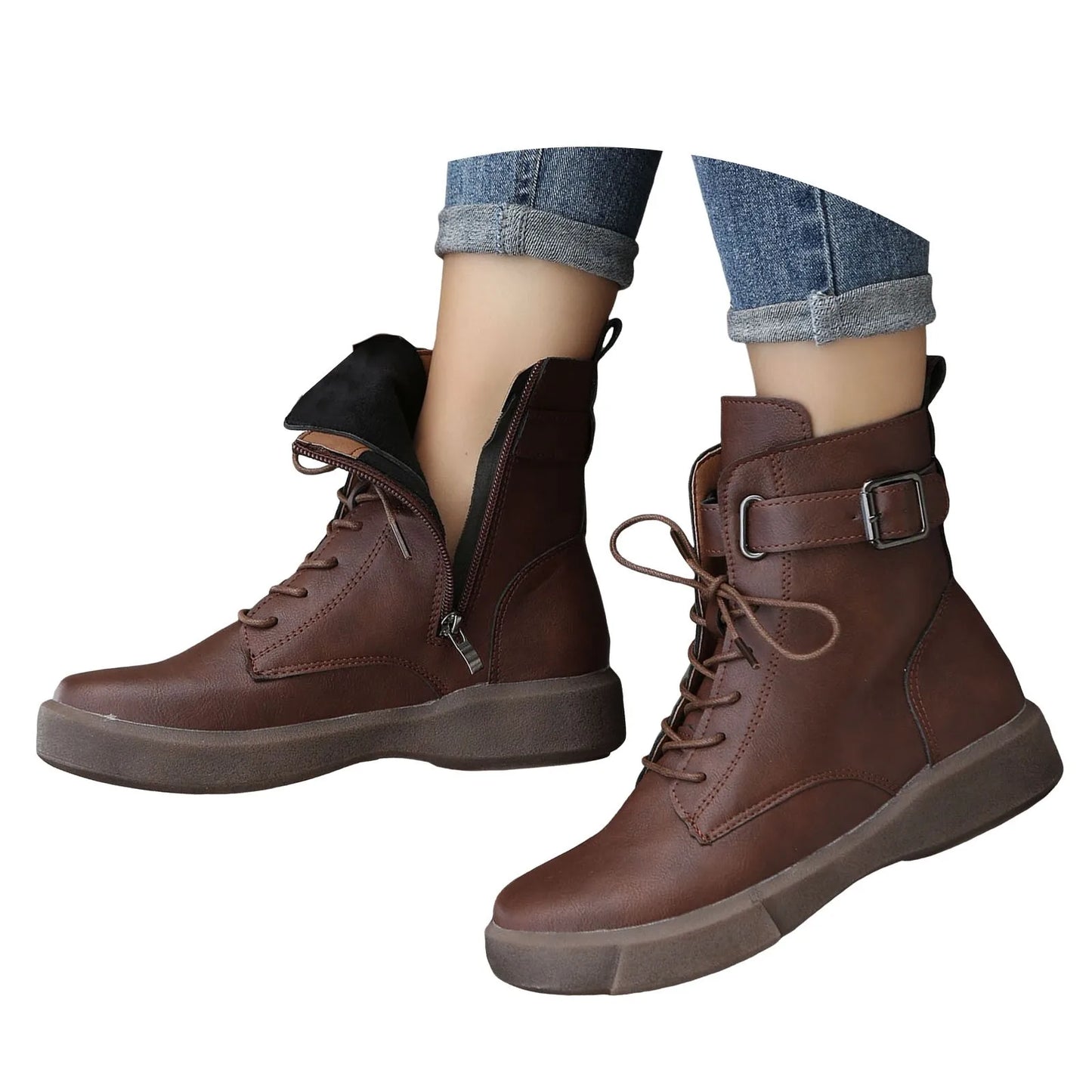 Women's Fashionable Versatile Ankle Boots British Retro Belt Plus Velvet Short Sued  Lace Up Flat Shoes