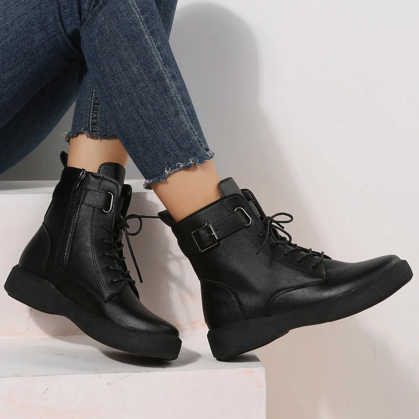 Women's Fashionable Versatile Ankle Boots British Retro Belt Plus Velvet Short Sued  Lace Up Flat Shoes