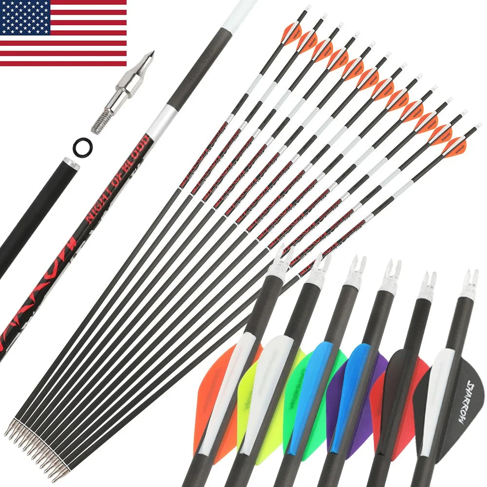 Pure Carbon Arrows 12Pcs Multi-Spine 300/400/500 ±0.003" Straightness 6.2mm ID