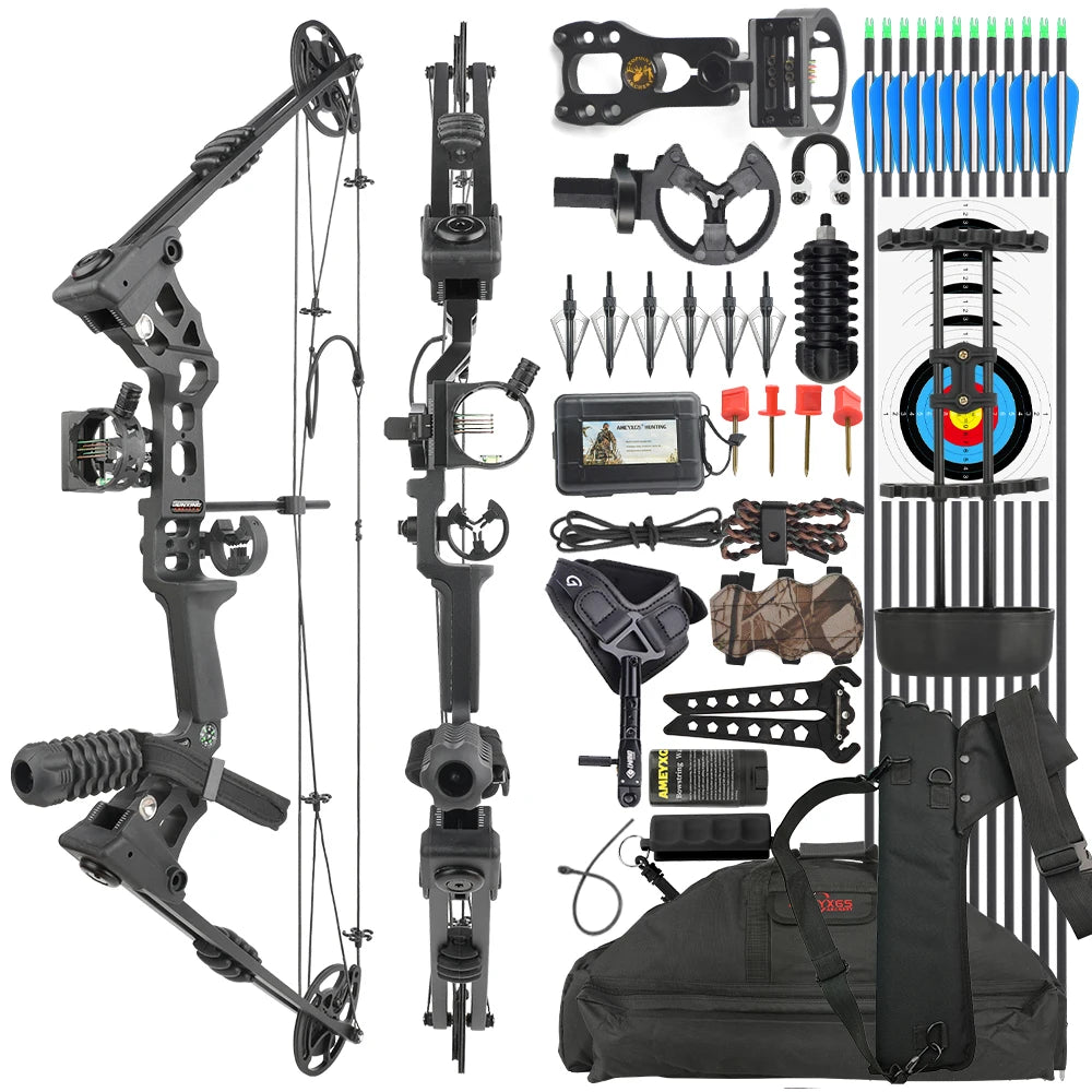 Adjustable Compound Bow Arrow Set with Spine 500 Carbon Arrows 20-70lbs 320FPS High-Strength Alloy Handle RH/LH