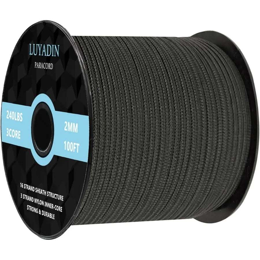 Paracord 240lb,  2mm Micro Utility Cord 3 Strand Parachute Spool Cord 100ft