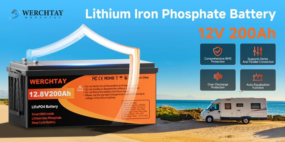 WERCHTAY LiFePO4 12V Battery with BMS 25000 Cycles 100A 200A Lithium Battery