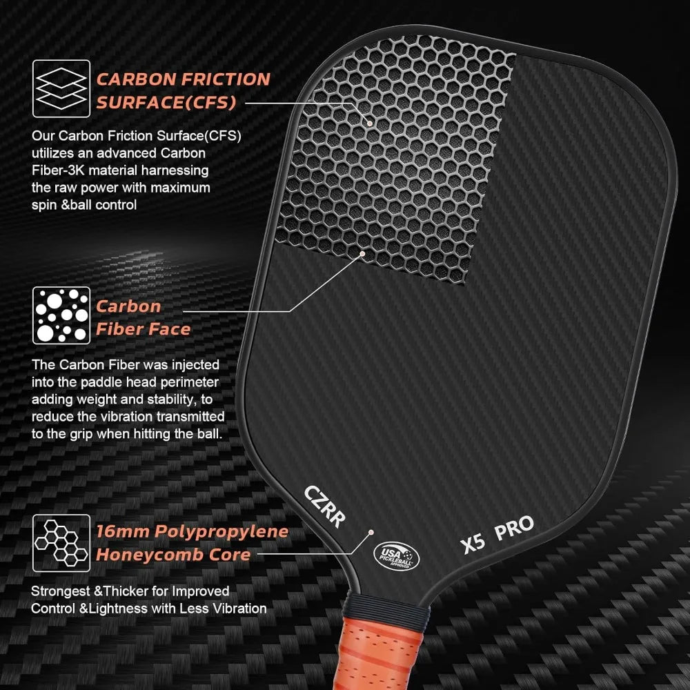 Pickleball Paddle, USA Pickleball Approved, 3K  Carbon Fiber Surface (CFS) High Grit & Spin, with 16MM Polypropylene
