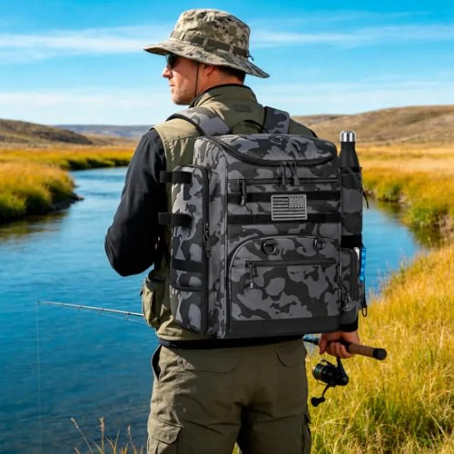 25L Fishing Backpack Water Resistant Fishing Tackle Bag with 2 Rod Holders Tackle Storage Bag for Anglers Bag Only