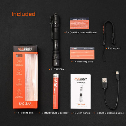 ACEBEAM TAC 2AA LED flashlight 1600 lumen 181 meters portable EDC flashlight USB-C rechargeable battery double buttons torch