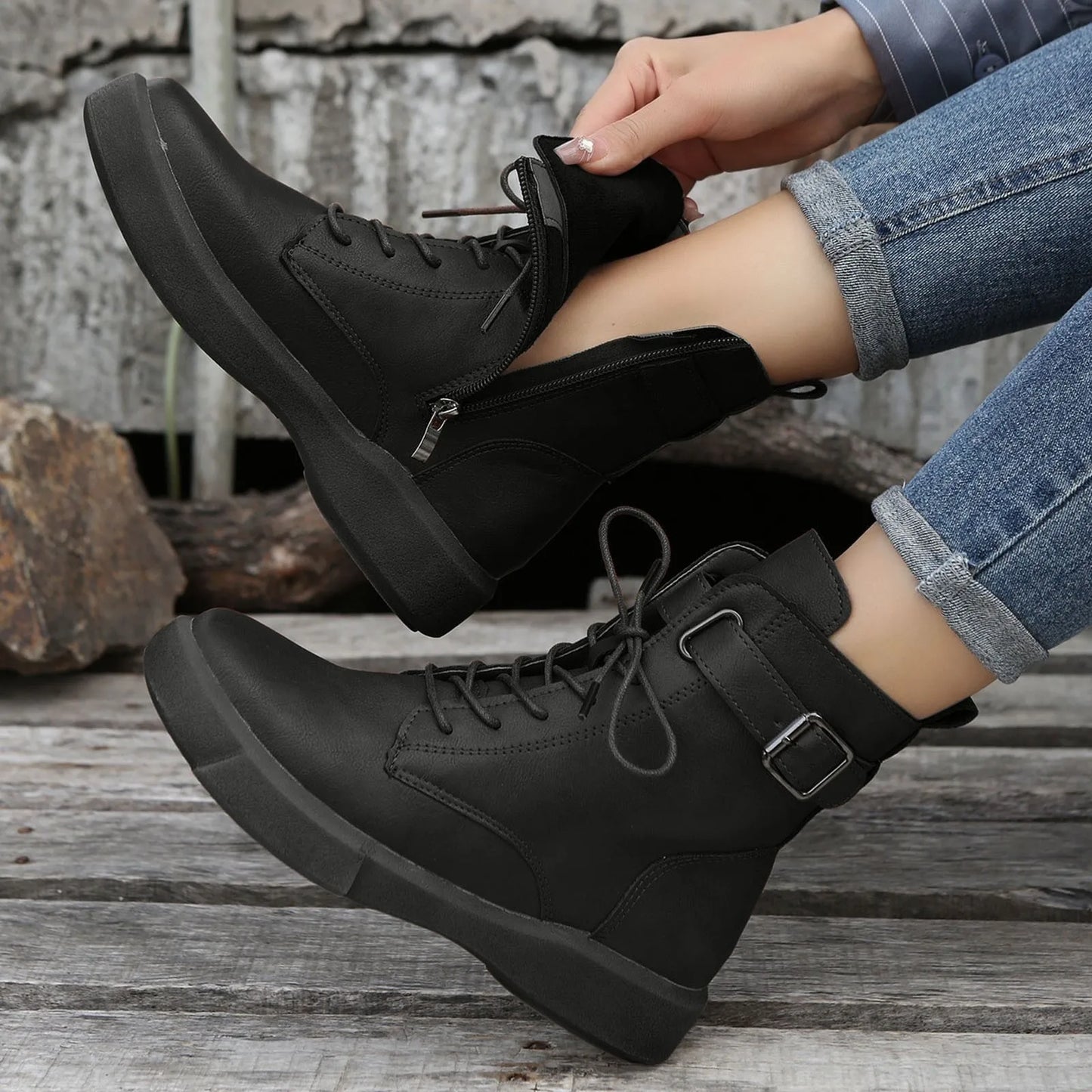 Women's Fashionable Versatile Ankle Boots British Retro Belt Plus Velvet Short Sued  Lace Up Flat Shoes