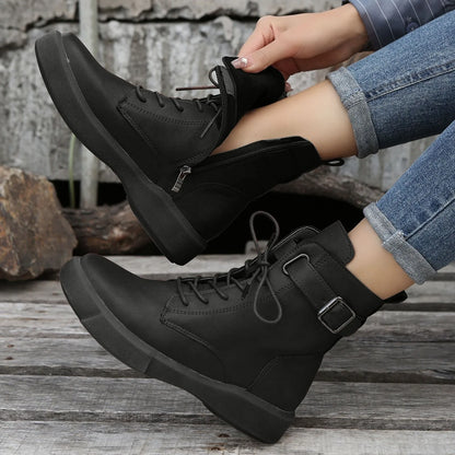 Women's Fashionable Versatile Ankle Boots British Retro Belt Plus Velvet Short Sued  Lace Up Flat Shoes