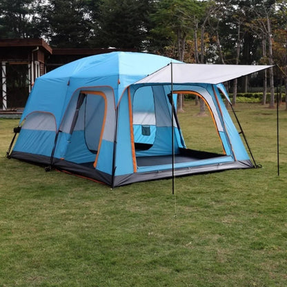 4/8/12-person outdoor family camping tent with a removable awning;  multiple mesh windows provide ventilation ; windproof, waterproof, and UV-resistant; suitable for all seasons