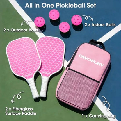 Fiberglass Pickleball Paddles Set of 2, Pickle Ball Racket Lightweight Honeycomb Core Control Paddle, with 4 Indoor Outdoor Bal