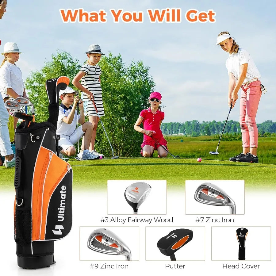 Youth Golf Set for Right Hand Includes 3 Fairway Wood 7 and 9 Irons Putter and Golf Stand Bag