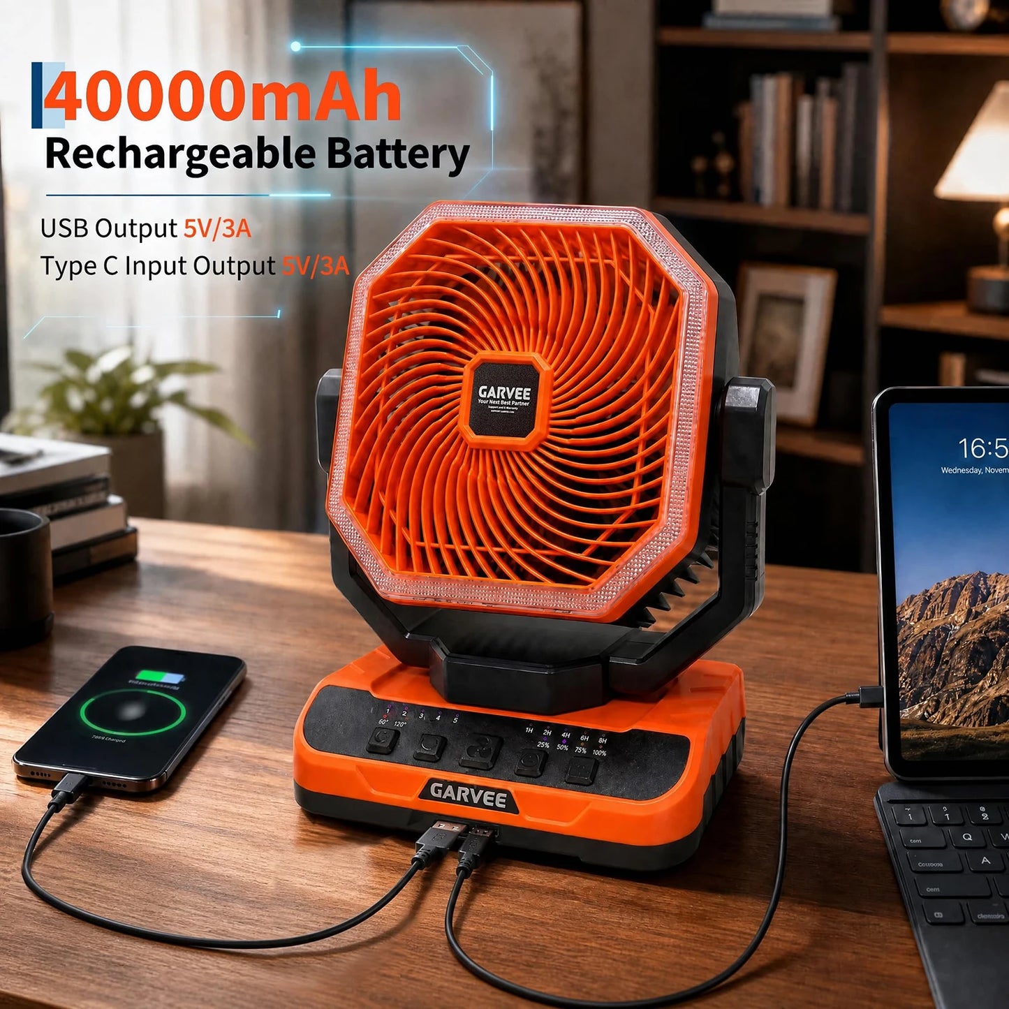 Portable Camping Fan 40000mAh Rechargeable Battery Powered Fan With Remote Timer LED Light 5 Speeds