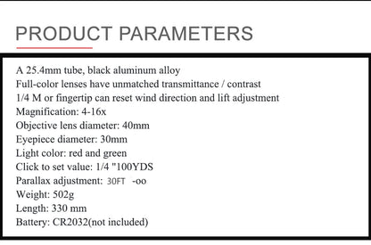 4-16x40 AO Tactical Scope Red Green Illuminated Hunting Sight with Mounts for 20mm Rail Long Range Scopes