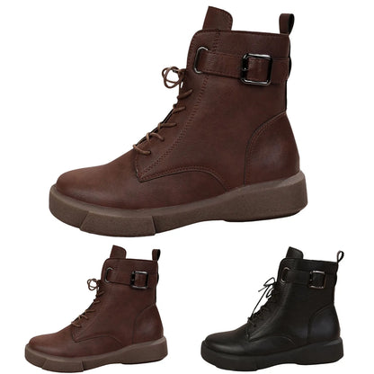 Women's Fashionable Versatile Ankle Boots British Retro Belt Plus Velvet Short Sued  Lace Up Flat Shoes